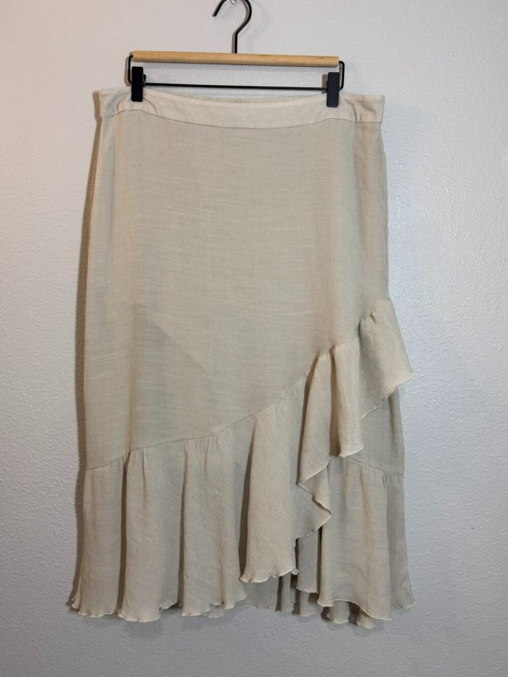New Directions Asymmetric Ruffle Midi Skirt Beige Tan Linen Look Womens Size XL